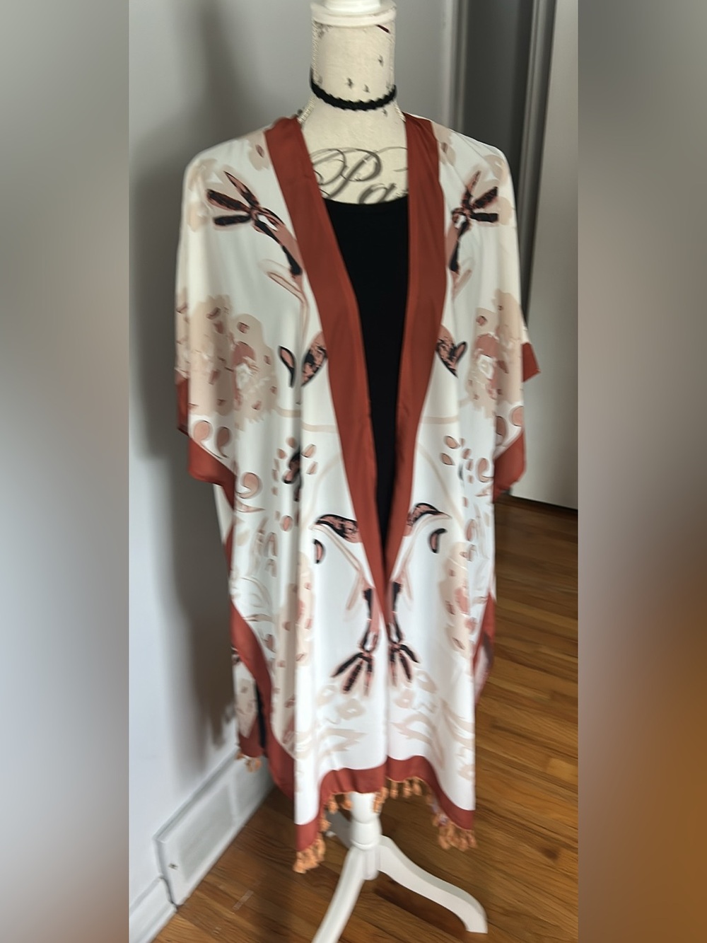 Rust-Trim Floral Kimono Jacket - Lightweight Women’s Cover-Up